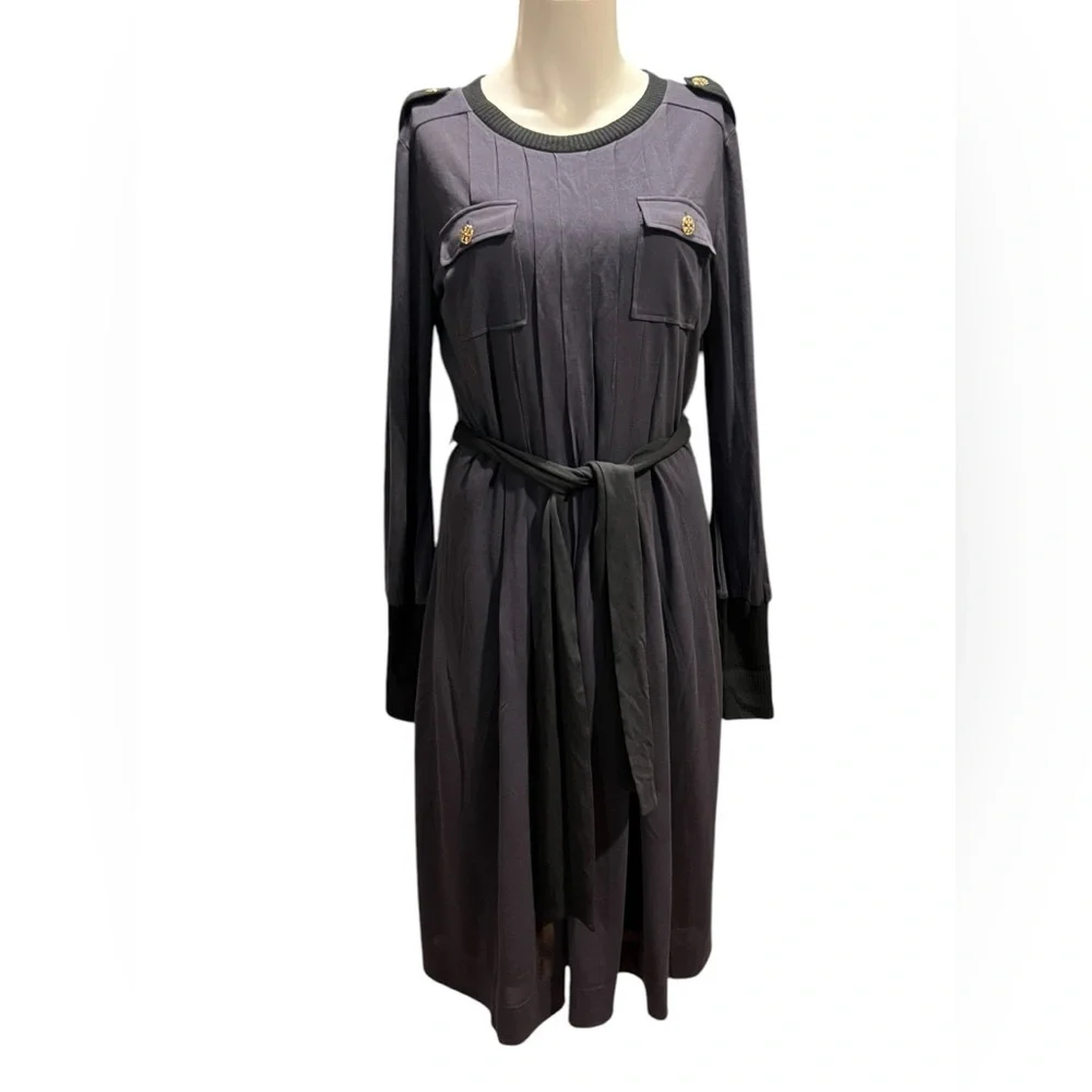 Tory Burch Blue & Black Gold Button Silk Cotton Blend Jersey Dress Size medium